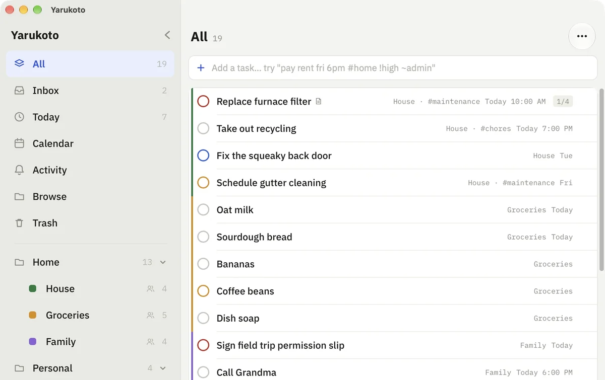 Yarukoto's Mac window: the sidebar next to every task in the household